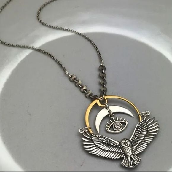 Silver gold titanium owl moon evil eye boho goth punk necklace new - Picture 1 of 7